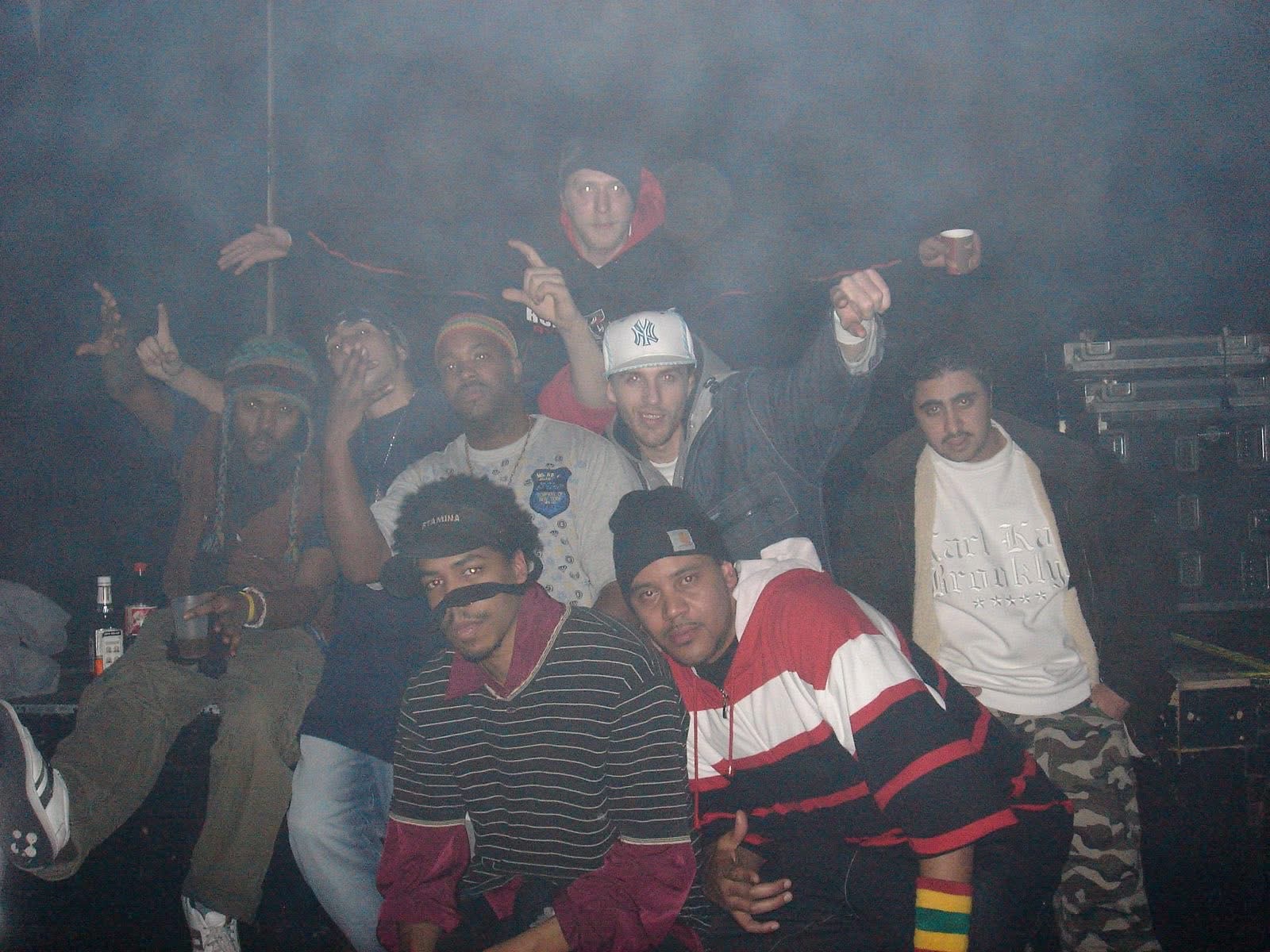 Crew backstage with flight cases — early 2000s